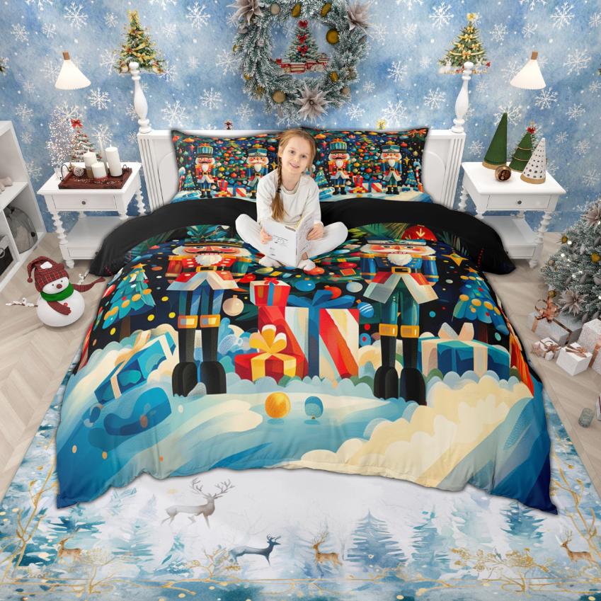 Homewish Cartoon Snowman Duvet Cover Set for Kids Children, Merry Christmas Xmas Bedding Set, Gingerbread Nutcracker Quilt Cover