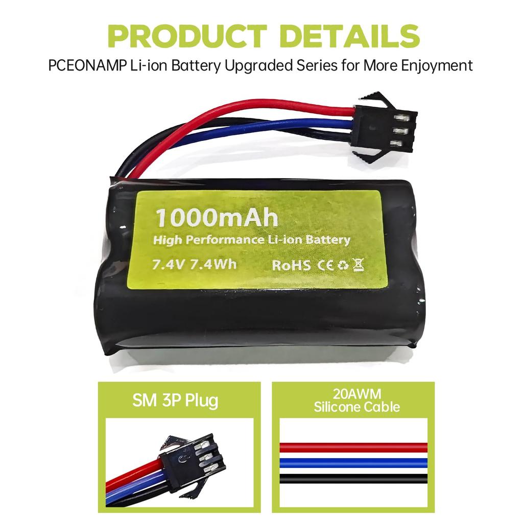 2PCS 7.4V 1000mAh 2S Li-ion Battery with SM-3P Plug and USB Charging Cable for DE82, TK3086B, G20601 RC Remote Control Car, TK-3082B, Special