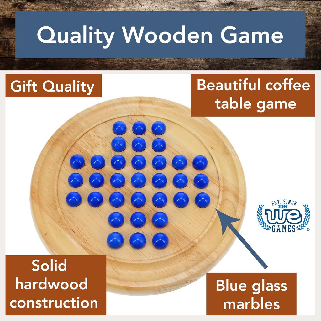 We Games Solid Wooden Solitaire with Blue Glass Marbles