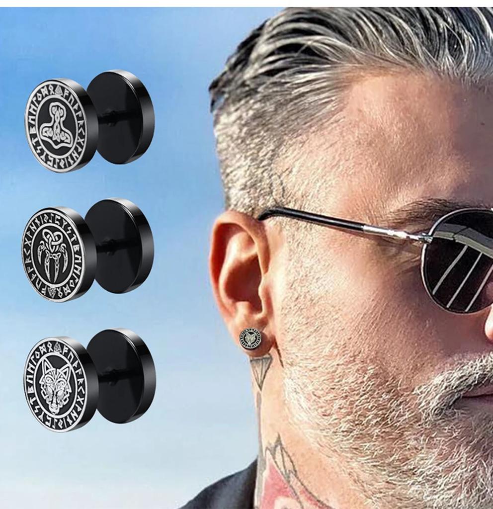 Gothic Norse Viking Runes Stud Earrings for Men Boys,Rock Punk Stainless Steel Valknut Wolf Head Compass Celtic Knot Earrings