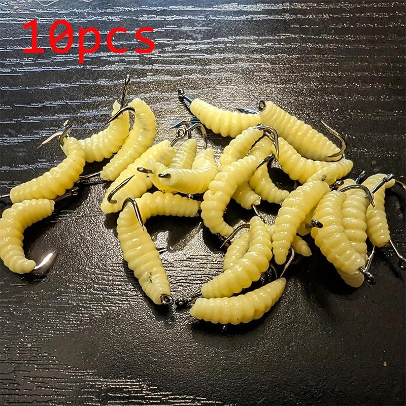 30PCS Yellow Rubber Maggots with Hooks, Soft Grub Lures for Freshwater Fishing Bass Trout Crappie Bluegill,Fishing Bait Set Gift