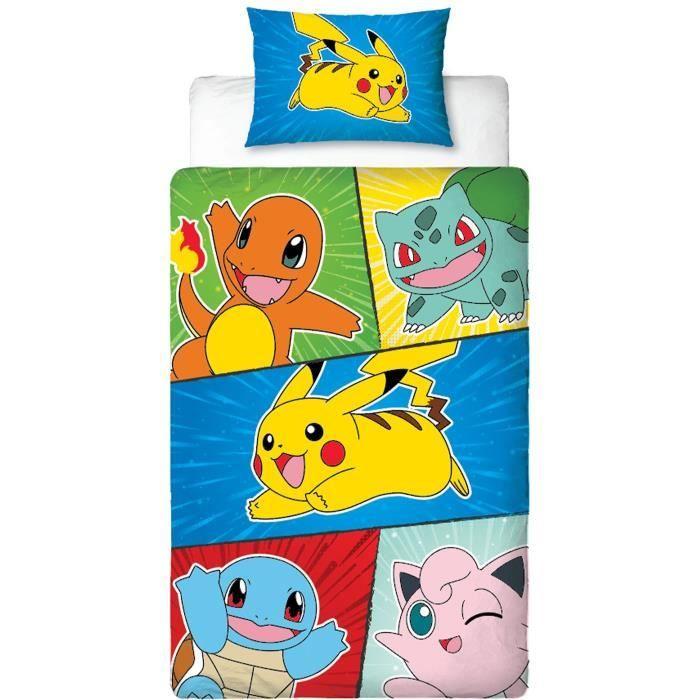 Parure De Lit - POKEMON - Pikachu Et Starter 1G V - Microfibre - 1 Housse De Couette 140 X 200 Cm + 1 Taie 63 X 63 Cm