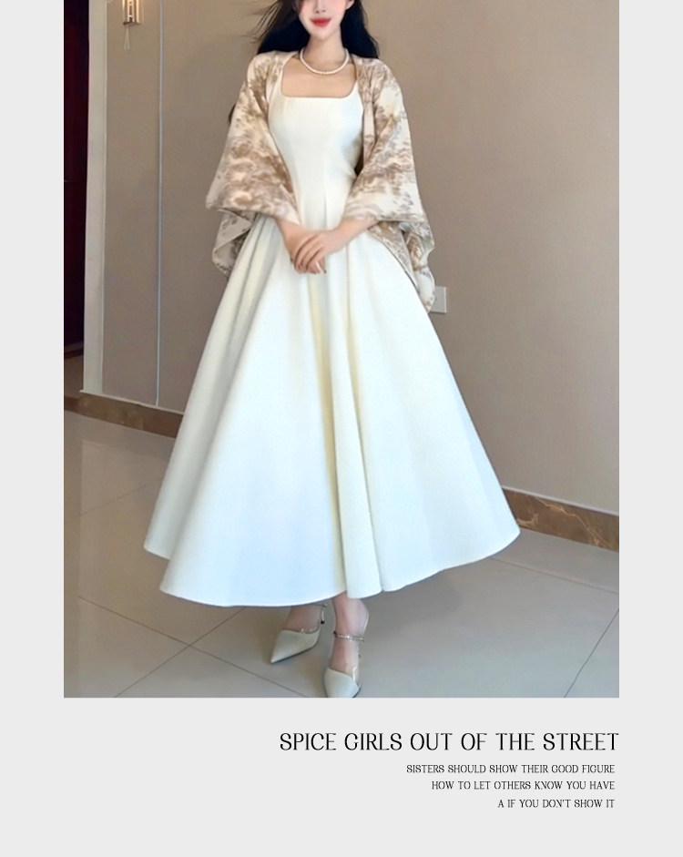 Elegant Women's Spaghetti Strap Waist-Cinched White Long Dress - Early Spring 2026 Collection, Romantic & Formal Design