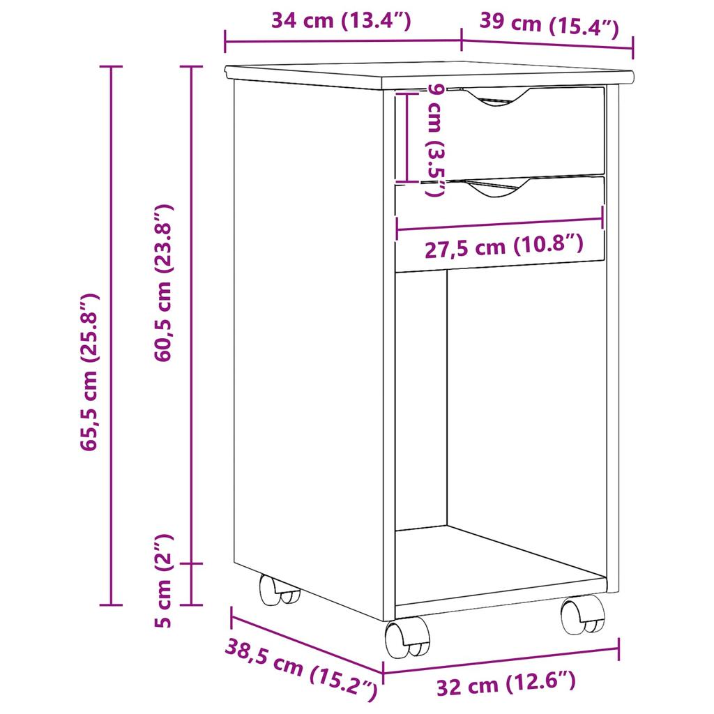 Rolling Cabinet Brown 34 x 39 x 65.5 cm Solid Pine Wood