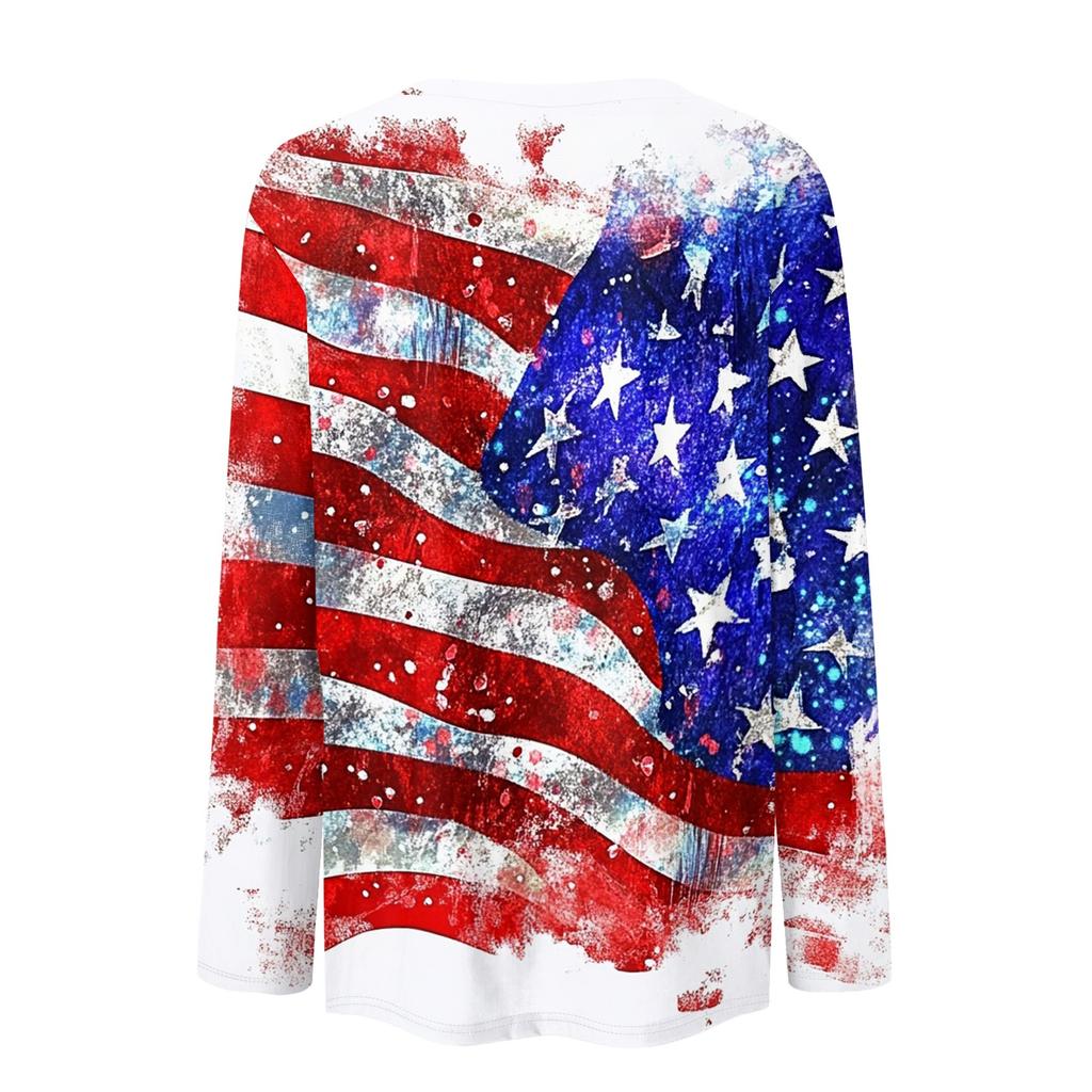 Women’s Casual Long Sleeve Crewneck Top with Independence Day Flag and Floral Print Loose Fit Comfortable Pullover Shirt