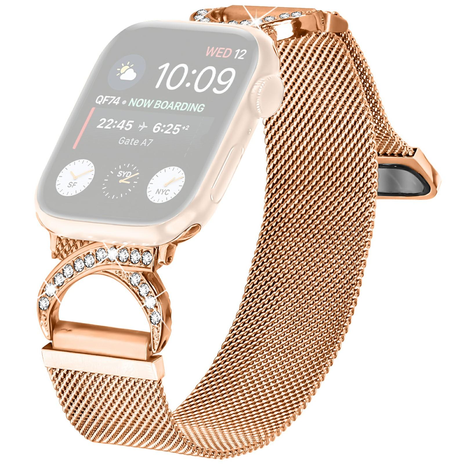 

Watch Band for Apple Watch Series 10 Ultra 9 8 7 SE 6 5 4 3 2 1 46mm 49mm 45mm 44mm 42mm Milanese Metal Strap Rhinestone Decor Rose Gold