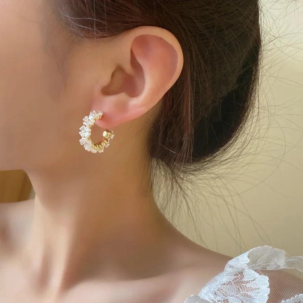 Latest Sweet Romantic Elegant White Flower Hoop Earrings | Stylish Shell Resin Delicate Pearl Flower Zircon Earrings | Trendy Versatile Jewellery