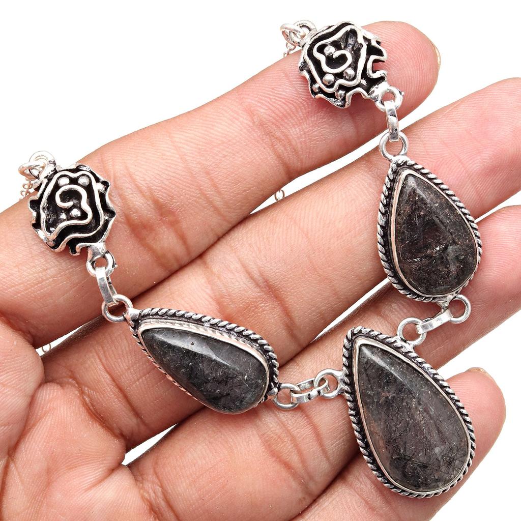 Black Rutile Set Silver Pendant Jewelry Earring 18-20'' Gemstone Handmade