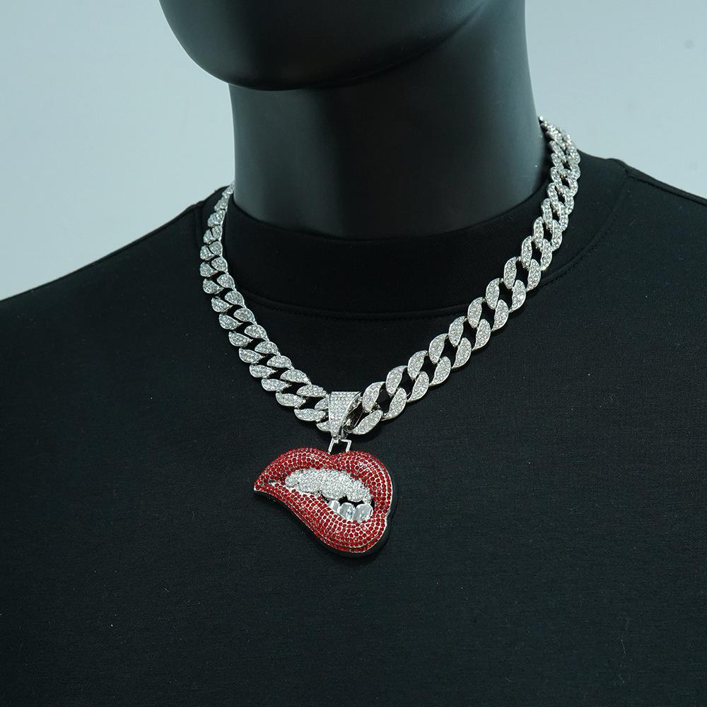 European and American Colored Diamond Sexy Biting Lips Hip Hop Personalized Creative Pendant Hip Hop Cuban Chain Necklace