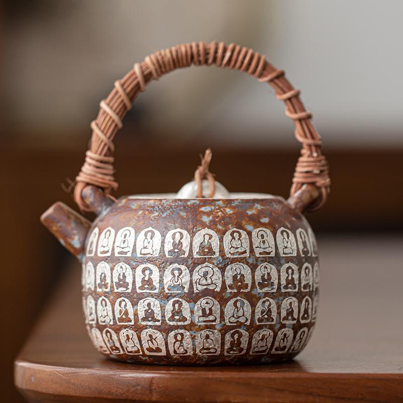 Dunhuang Wanfo Old Rock Mud Gilded Silver Vine Weaving Beam Pot Vintage Kung Fu Tea Set Large Capacity Ceramic Tea