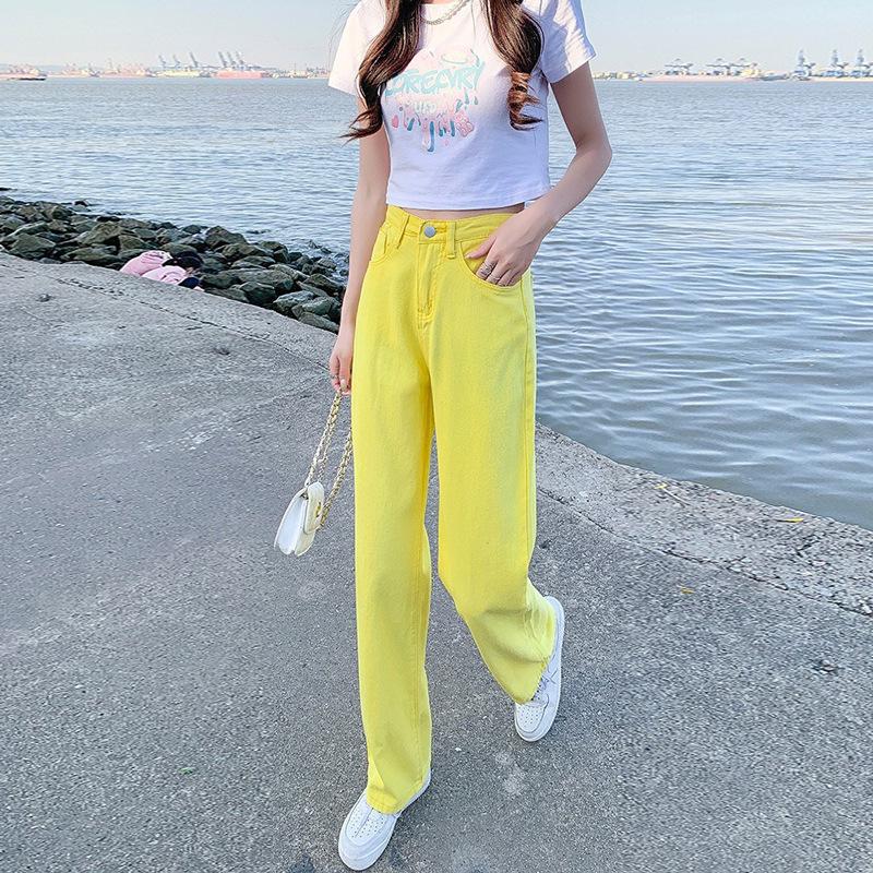Women's Yellow High-Waisted Wide-Leg Jeans - 2022 Slimming Style for Petite Figures, Straight Floor-Length Pants