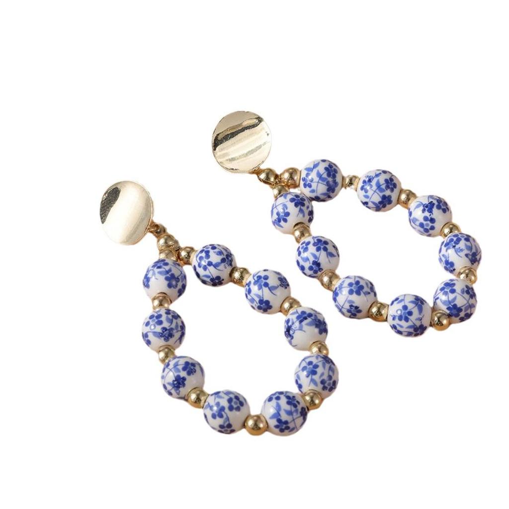 Retro Blue & White Porcelain Beaded Hoop Earrings - Smooth, Slightly Curved Studs for Spring/Summer 2025