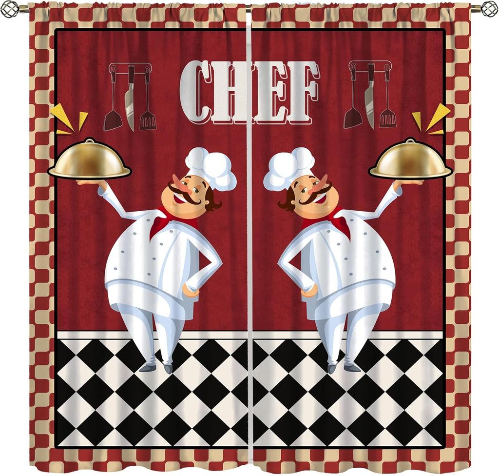 Chef Cooking Curtains For Kitchen,R Cartoon Rustic Vegetable Fruit Lattice Pastry Fat Chef Carrot Corn Gourmet Cookware Window