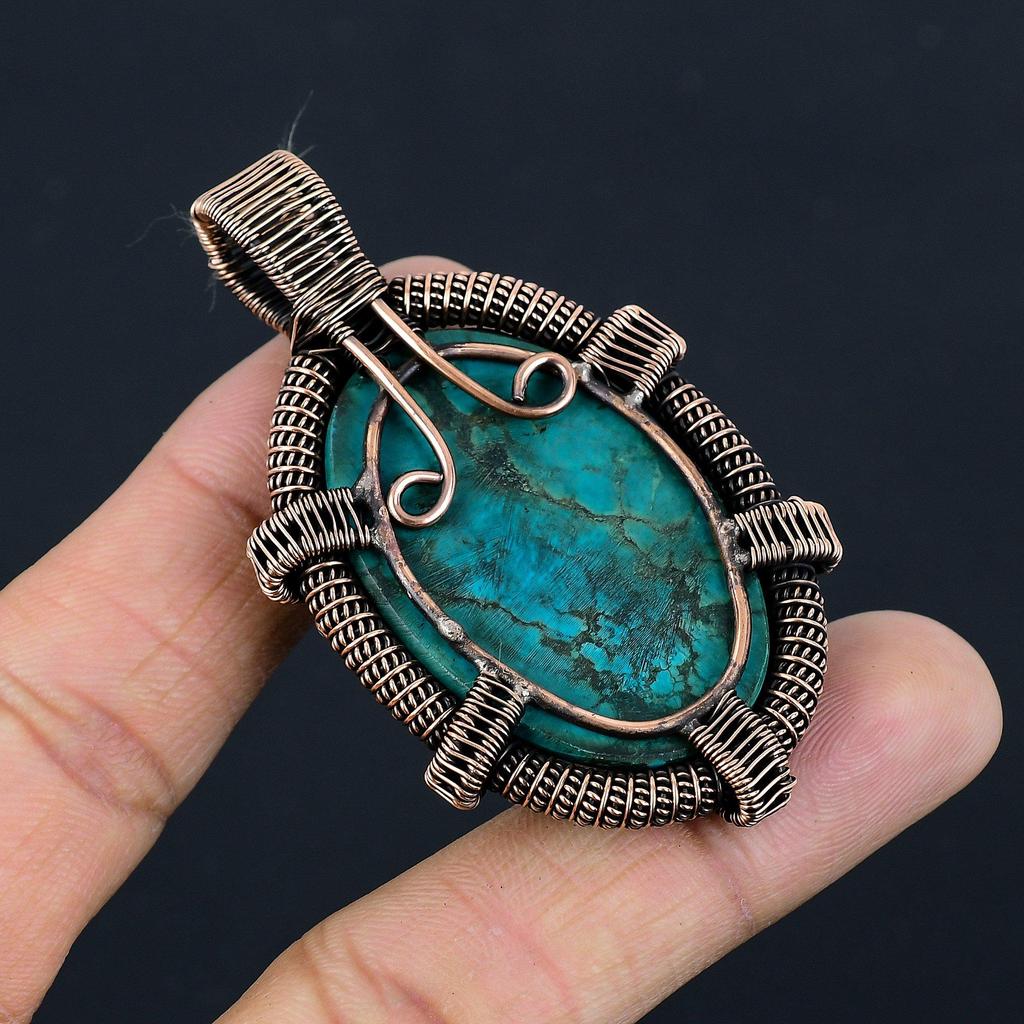 Tibetan Turquoise Pendant, 999 Copper Wire Wrapped Gemstone Jewelry, Handmade Pendant, For Thanksgiving