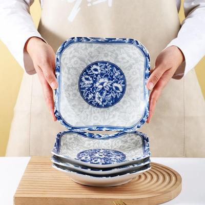 Niebiesko-biały kwadratowy talerz porcelanowy Ruyi - Idealny do posiłków, owoców, dań gotowanych na parze i pieczonych