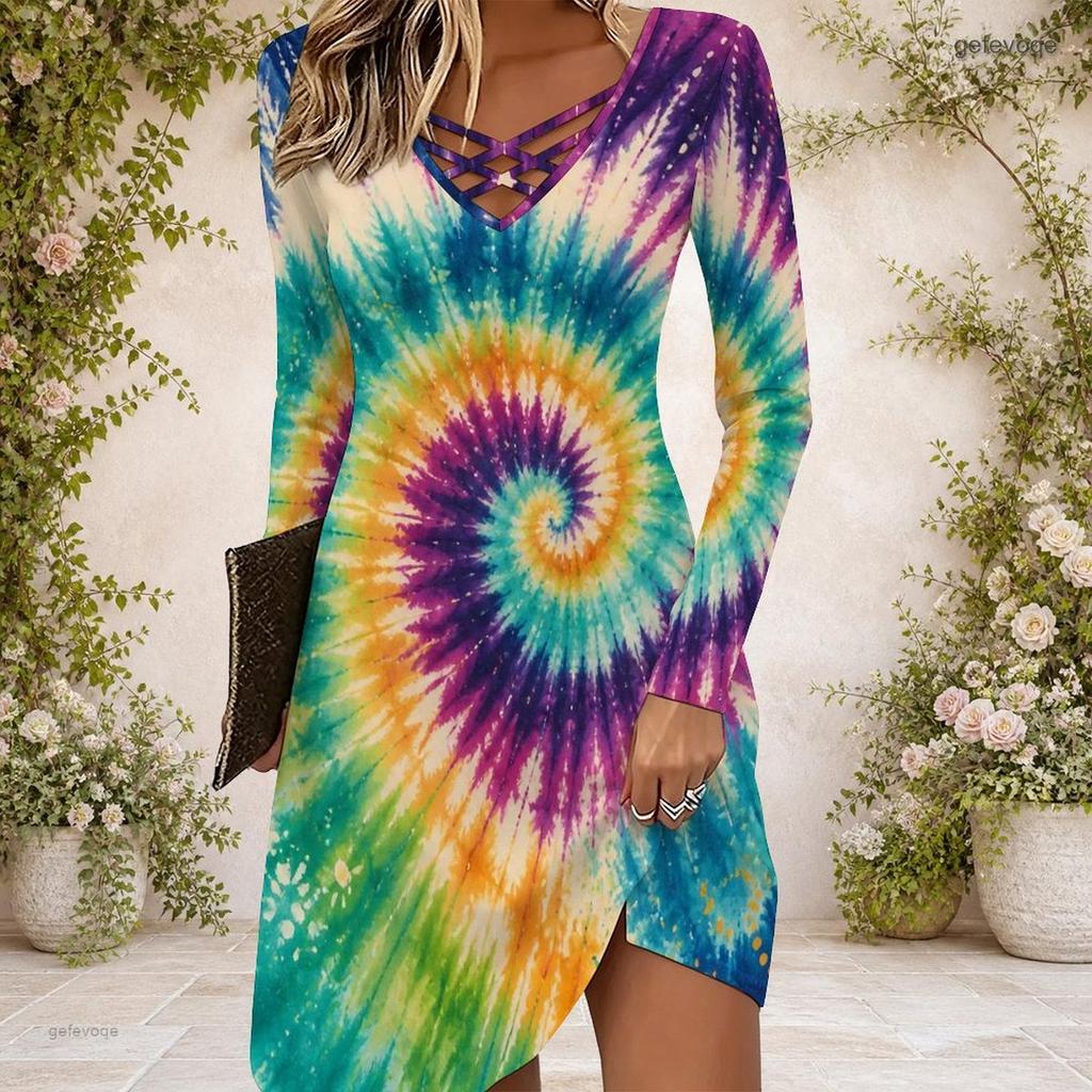 Women Criss Cross V Neck Long Sleeve Multicolor Printed Fitted Curved Hem Dress