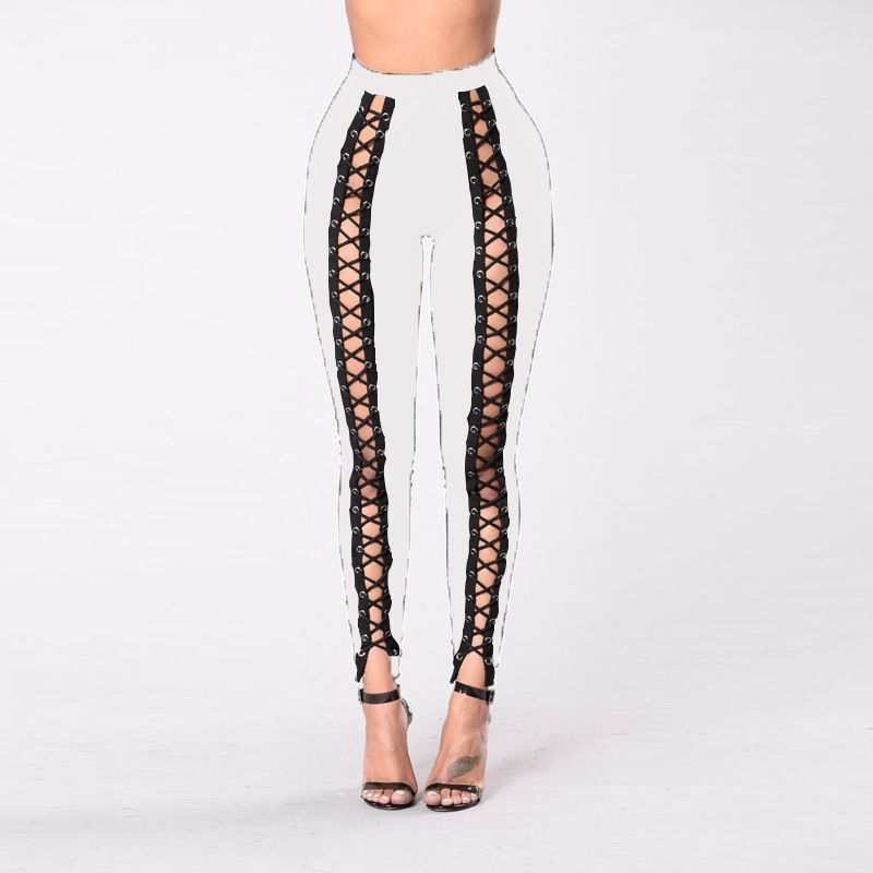 

Sexy Slim Woman with Straight Pants Sexy Slim-Fit Lace up Straight-Leg Pants Female White strappy pants XL