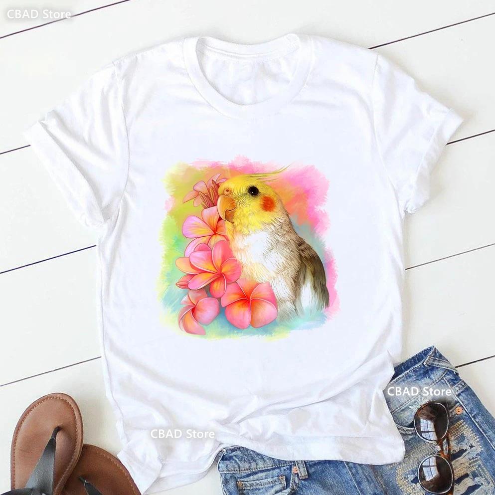 Cute Cockatielsparrot Bird Lovers Print T Shirt Girls Sunflower Flowers Tshirt Unisex Harajuku Kawaii Clothes Summer Tops Tee