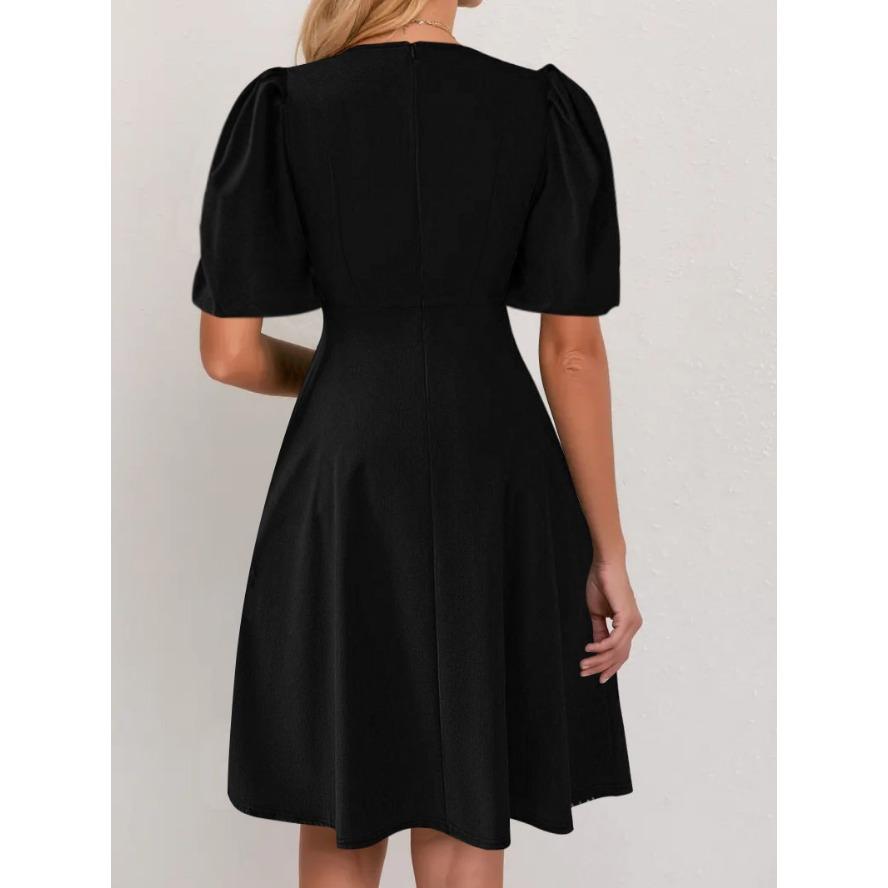 YYFS ქალთა მოდის საზაფხულო საგაზაფხულო სოლიდური ფერის ბეჭდვითი მოკლე მკლავები O-კისრის მაღალი წელის ჩვეულებრივი კაბები