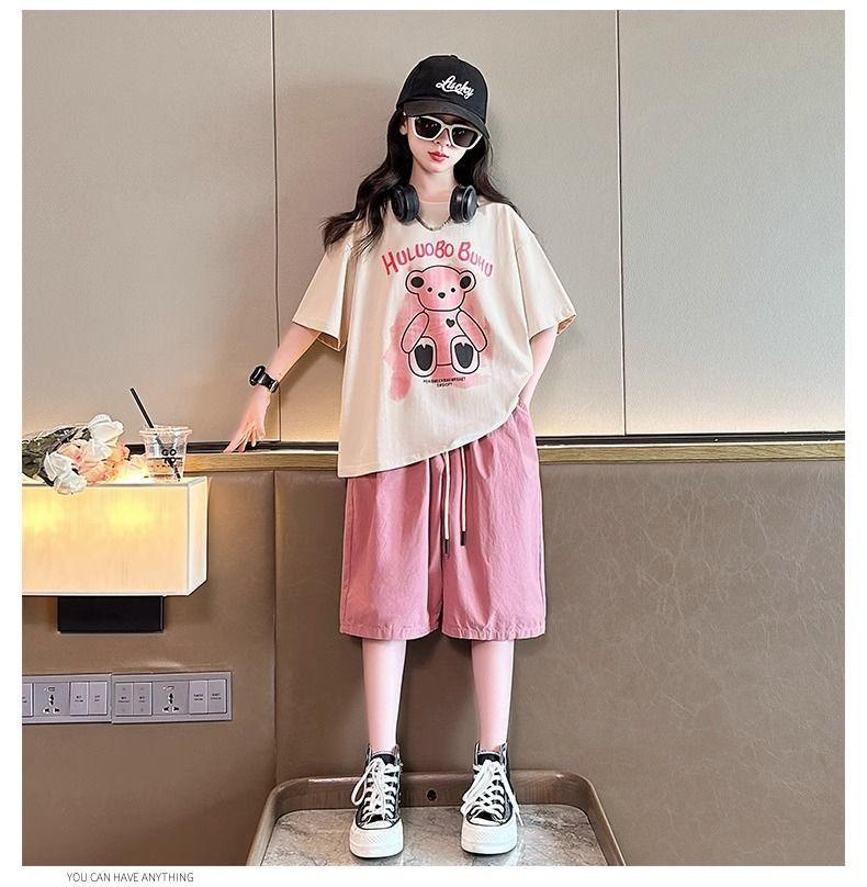 Summer Girls Clothes Child Set Sports Suit Teen Tracksuit Letter Print Bear T Shirt Tops + Short Pants