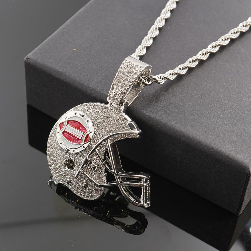 New hip-hop full diamond trend bouncing football helmet pendant with 5mm twist chain necklace