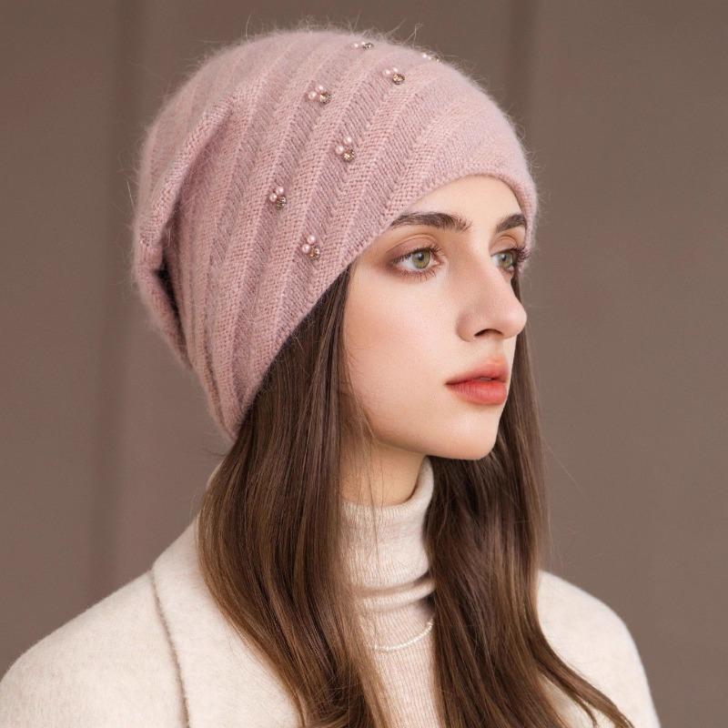 Women S Double Layer Knit Hat Warm Winter Beanie Pearl Glitter Rabbit Hair Blend