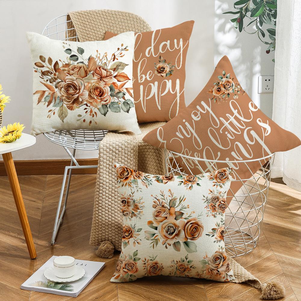 New Autumn Thanksgiving Home Sofa Cushion Cover Letter Printed Linen Flowers Warm Colors