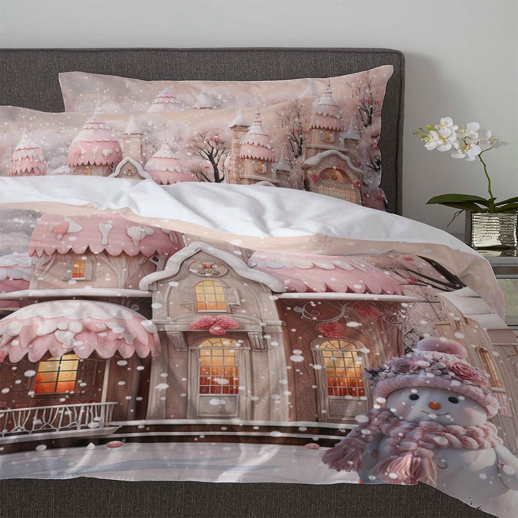 Christmas Snowman Snow Scene Pink House 3pcs Bedding Set For Double Bed Home Textile Duvet Cover Quilt Cover Pillowcase