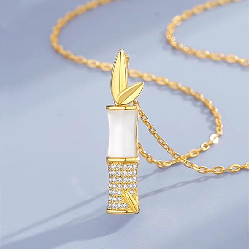 Classic S925 Sterling Silver Hetian Jade Necklace, Elegant Green Bamboo Pendant, Retro Light Luxury with a New Chinese Style for Women