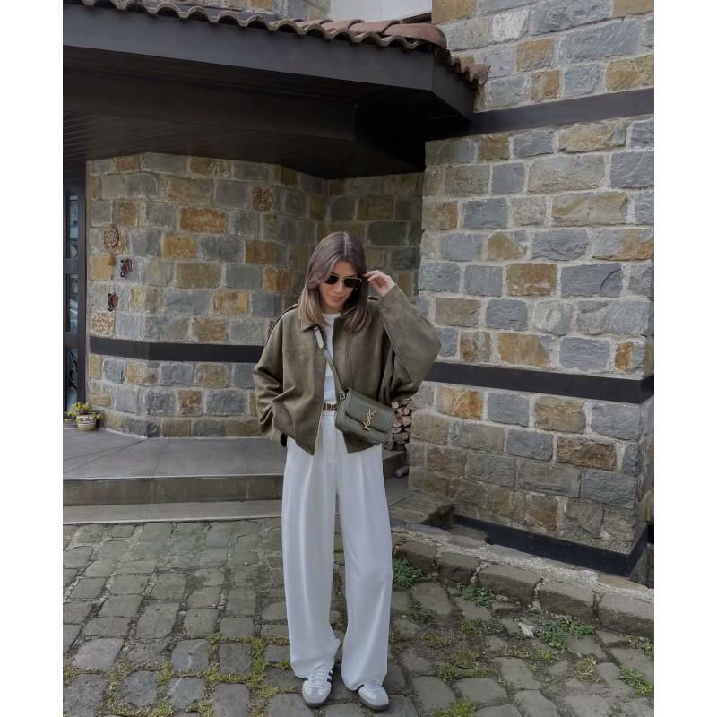 Women's Faux Suede Bomber Jacket, Batwing Sleeve Zip Up Coat, Loose Fit Lapel Casual Cropped Outerwear, Trendy Soft Textured Ladies Daily Wear Top