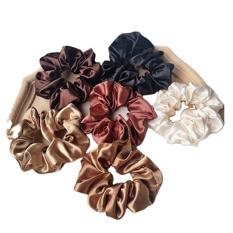 Silk Hair Scrunchies, Pack of 4, Neutral Colors - Cream, Beige, Brown, Black