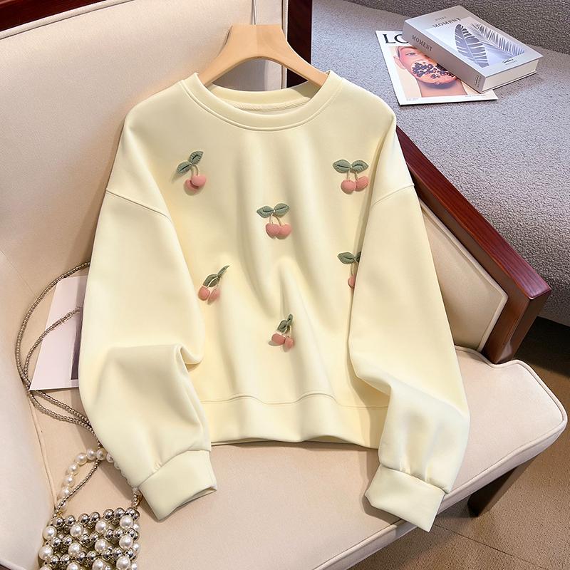 

Женский однотонный пуловер, повседневный свитшот в ленивом стиле, свободная модная одежда для бега, стереоскопический топ с вишневым узором, осенние топы S