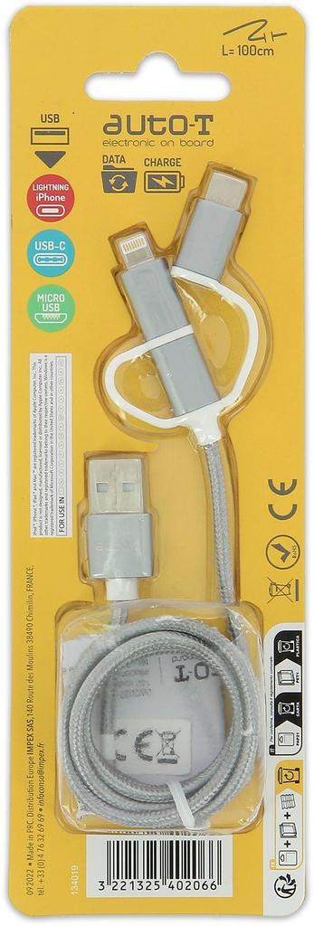 Câble 3 en 1 - AUTO T - 540206 - Micro-USB - Apple - USB-C
