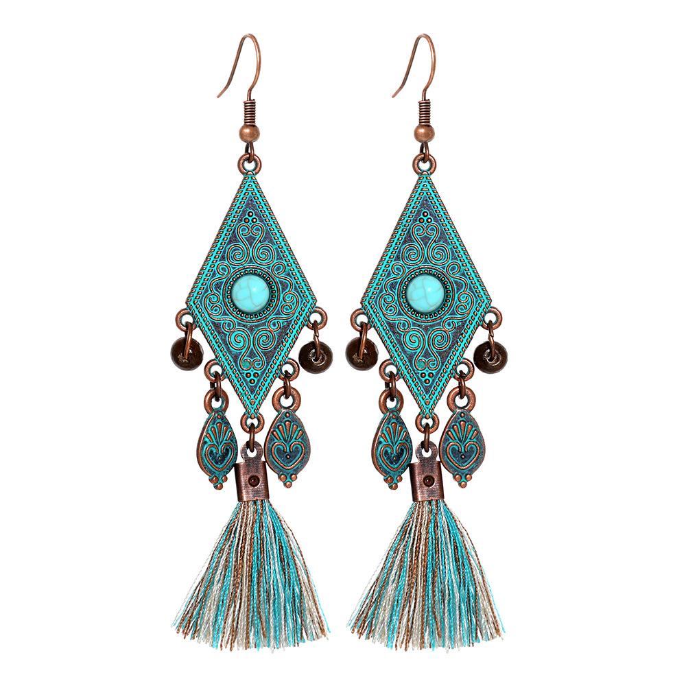 Retro Ręcznie Robione Kolczyki z Frędzlami Romby Proste Modne Kolczyki Długi Styl