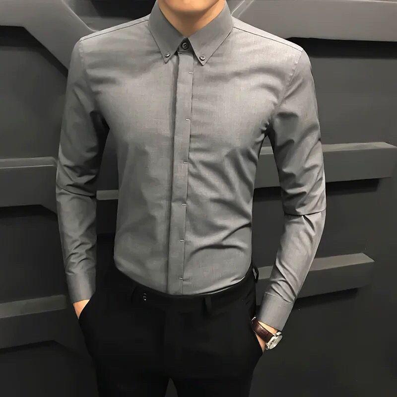 Spring and Autumn Korean Edition Polo Collar Panel Button Business Casual Slim Fit Non Ironing Men's Hidden Button Shirt