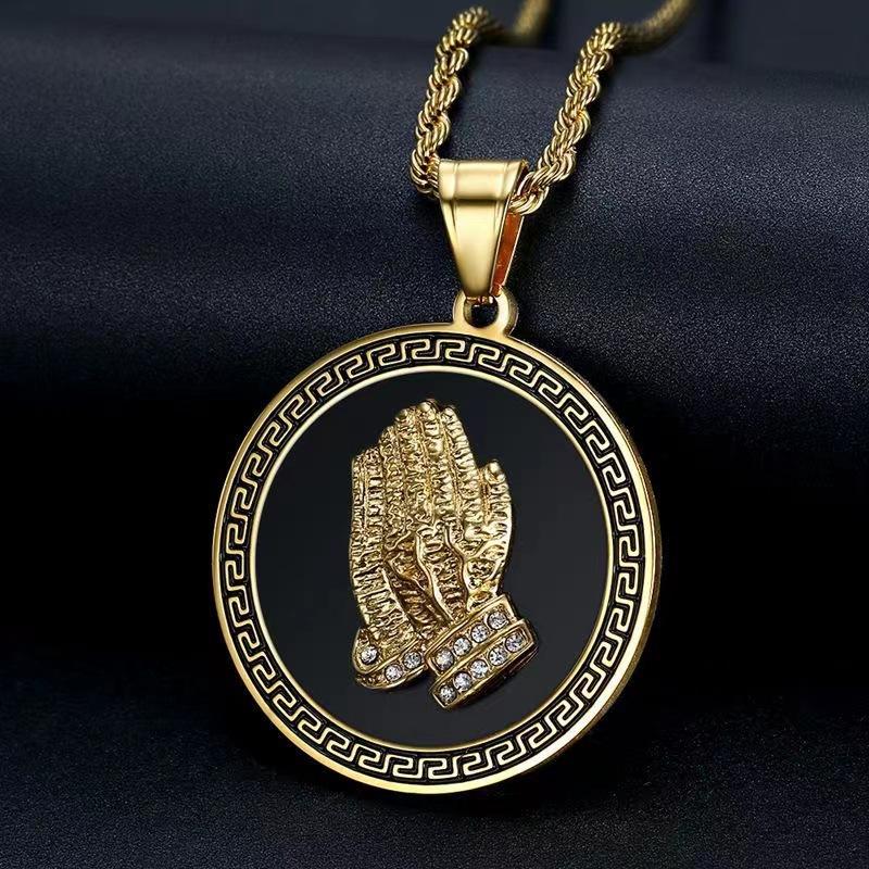 Original Hip Hop HIPHOP Trendy Brand Titanium Steel Gold-Plated Diamond Great Wall Pattern Prayer Buddha Hand Pendant Necklace