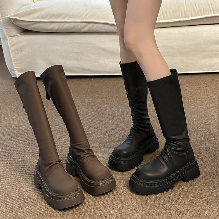 thick-soled muffin but knee boots women's autumn and winter new fashion pleated stacking boots tall elastic thin boots