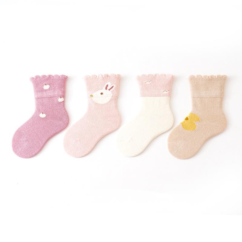 

4 пары/комплект носков-тапочек для новорожденных с героями мультфильмов для мальчиков и девочек, нескользящие эластичные хлопковые носки для младенцев и малышей, весна-осень M розовый