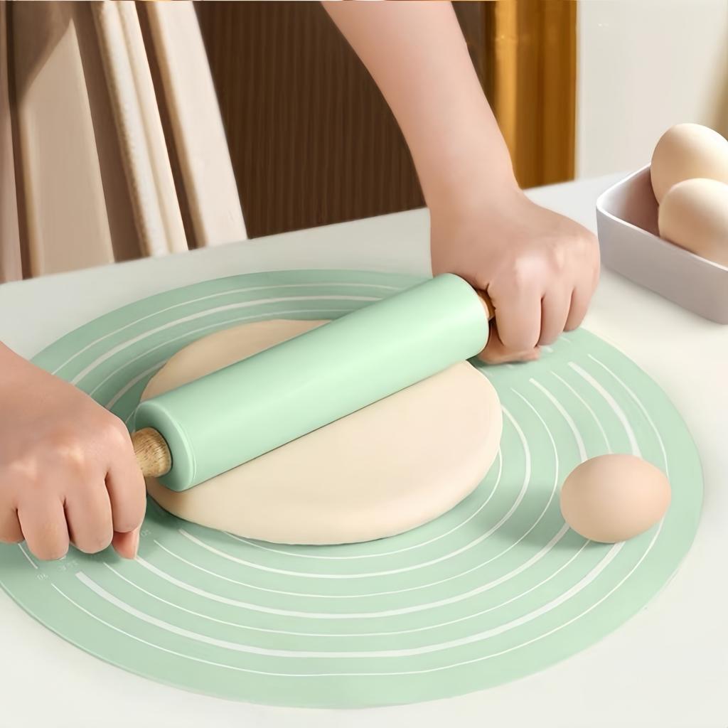 2pcs Wooden Rolling Pin with Silicone Dough Mat Set High-Temperature Non-Stick Baking Tools for Home Kitchen Pasta Cookie DIY