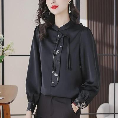 Camisa Retro de Cetim com Manga Longa Feminina Primavera 2024 - Top Leve Estilo Nacional