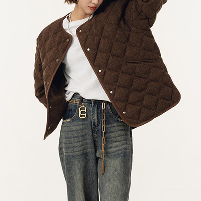 High-end fashionable round neck long-sleeved down jacket women's autumn and winter new rhombus versatile jacket top