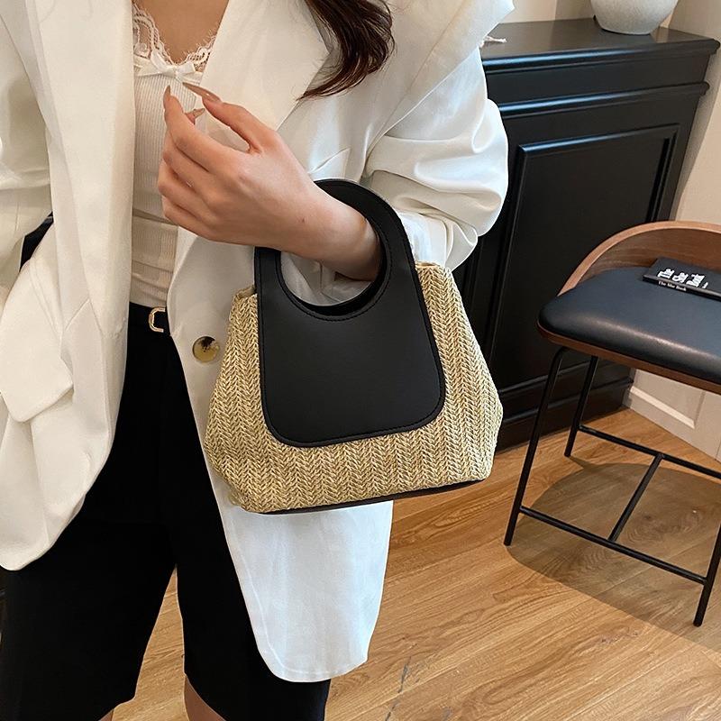 Retro Contrasting Color Splicing Straw Woven Bag Large-capacity Design Sense Niche Beauty Simple Fashion Hand Bag Women's Bag
