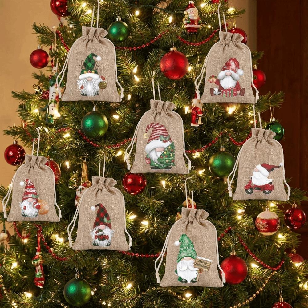 12PCS Cartoon Dwarf Christmas Gift Packaging Bag Vintage Cute Christmas Drawstring Gift Bags Reusable Drawstring Candy Bags