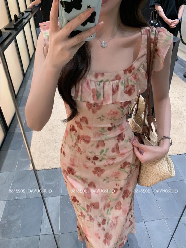 2024 Spring/Summer French Floral Sleeveless Maxi Dress – Slim Waist, Sweet & Elegant