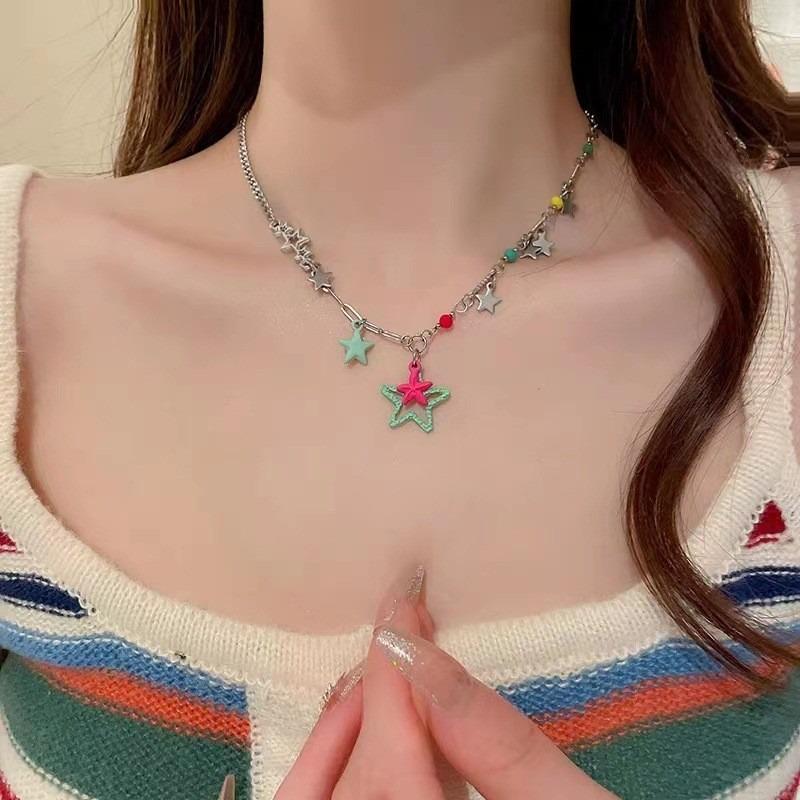 Black cat pink star beaded necklace female summer y2k hottie versatile accessories sweet cool collarbone chain