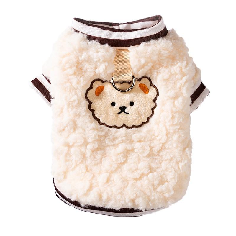 Warm Winter Dog Sweater With Lamb Fleece Cute Embroidered Sheep Design Harness-Compatible Two-Leg Pet Coat Teddy Bichon
