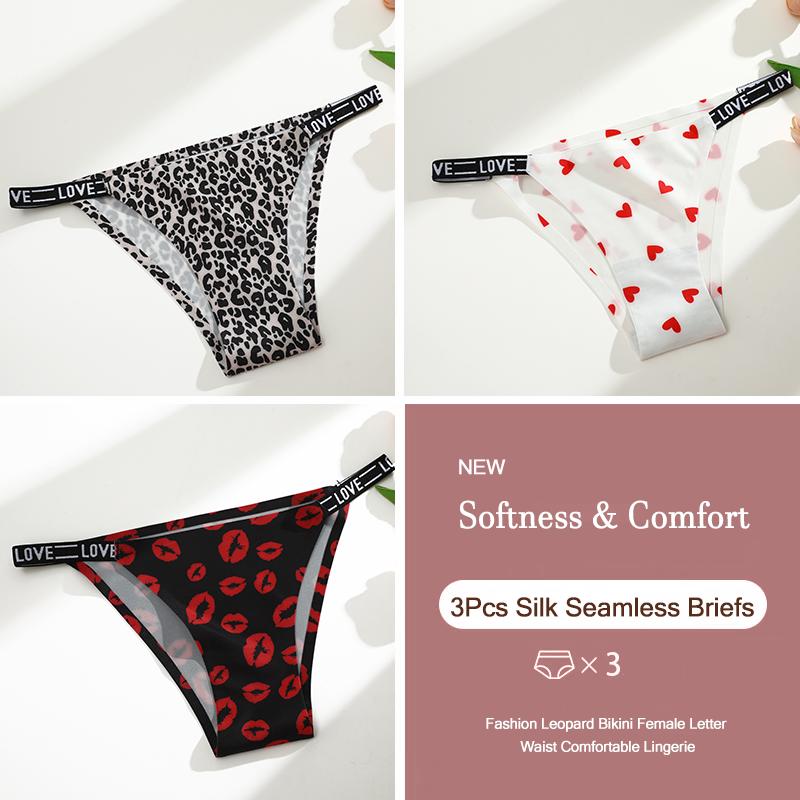 3Pcs Silk Seamless Women's Panties Sexy Flower Butterfly Briefs Fashion Leopard Bikini Female Letter Waist Comfortable Lingerie