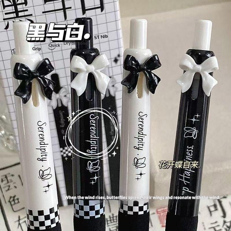 

4 Pcs Black And White Bow Press Pen Soft Grip Super High Value 0.5mm Brush Question Quick Drying Press Cartoon Neutral Pen A2