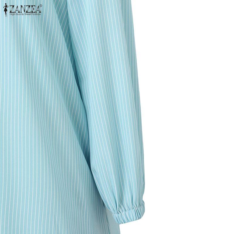 ZANZEA Women Casual Round Neck Loose Long Sleeve Stripe Dress
