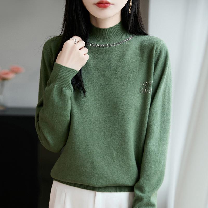 Autumn/Winter Rhinestone Semi-High Neck Knitted Sweater Top for Women
